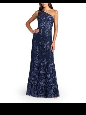 Mac Duggal Floral Lace Embroidered One Shoulder Sleeveless Gown Navy